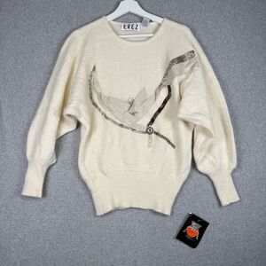 Vintage Erez Women's Medium Cream Embellished Lambs Wool Rabbit Hair Sweater